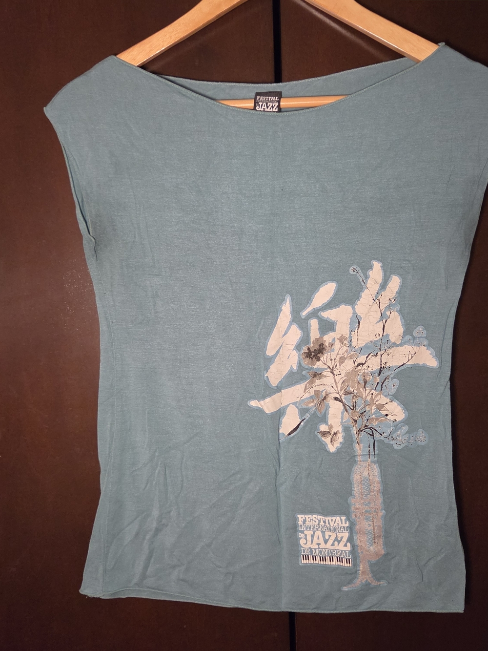 Teal Graphic Cap-Sleeve Top Festival Women Size Medium